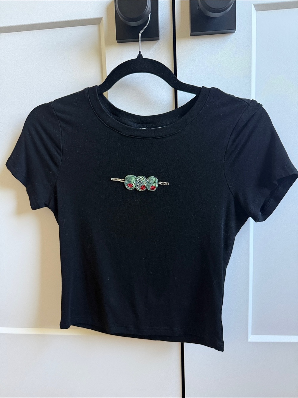 Black Crop Tee with Beaded Olive Motif
